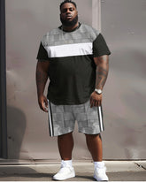 Street Casual Black And White Colorblock Plaid Print Large Men's Set